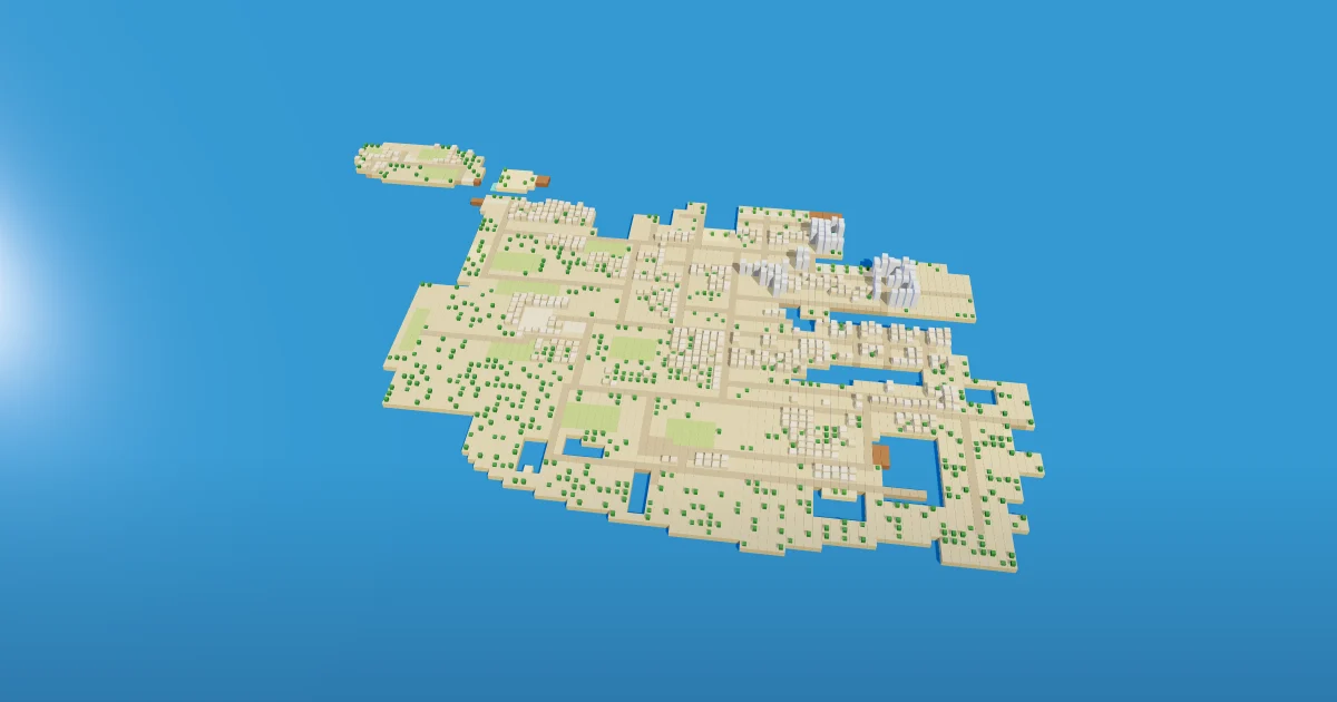A model of the whole island on a blue sea: limestone-coloured ground, white towers by the harbour, houses and green trees, Gozo small at the top