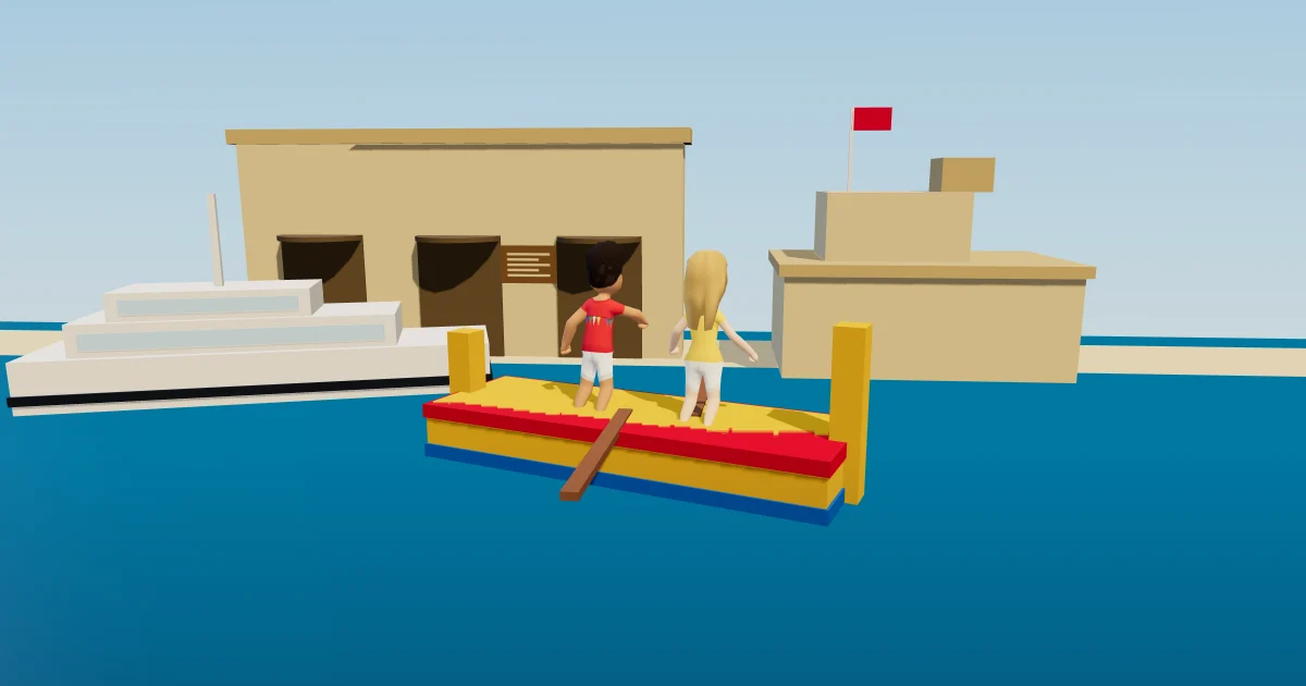A yellow, red and blue dgħajsa with two rowers on the blue water of the creek, honey limestone buildings and Fort St Angelo behind