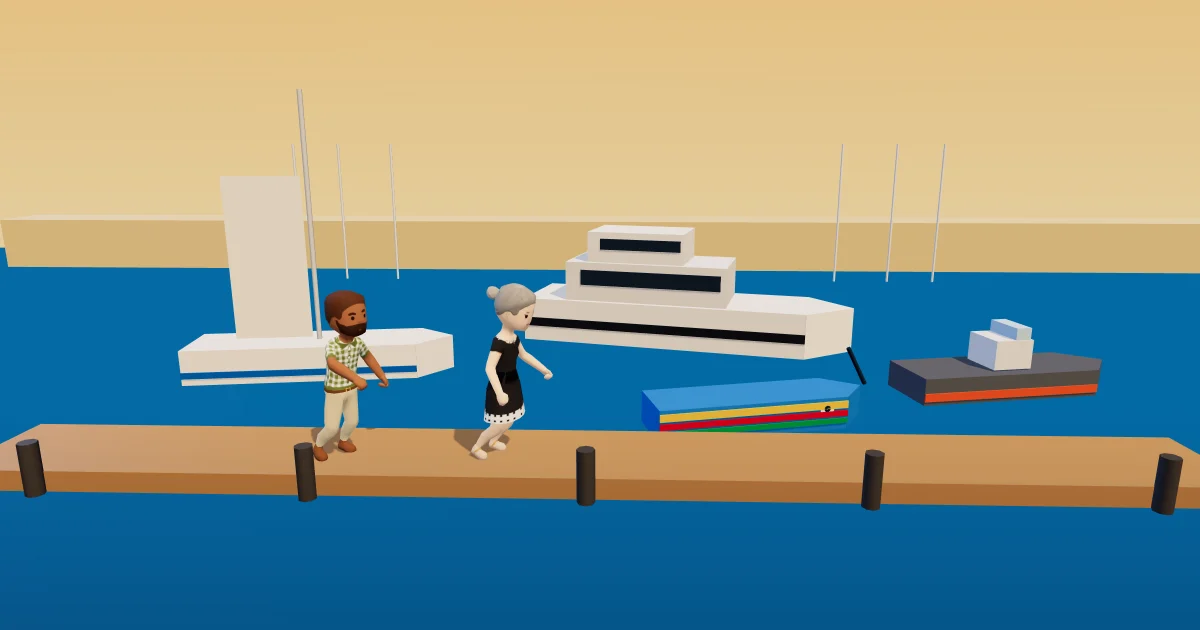 Msida Marina at golden hour: a painted luzzu, a grey RIB, a sailboat and a white motor yacht at their berths, and two friends on the wooden pontoon