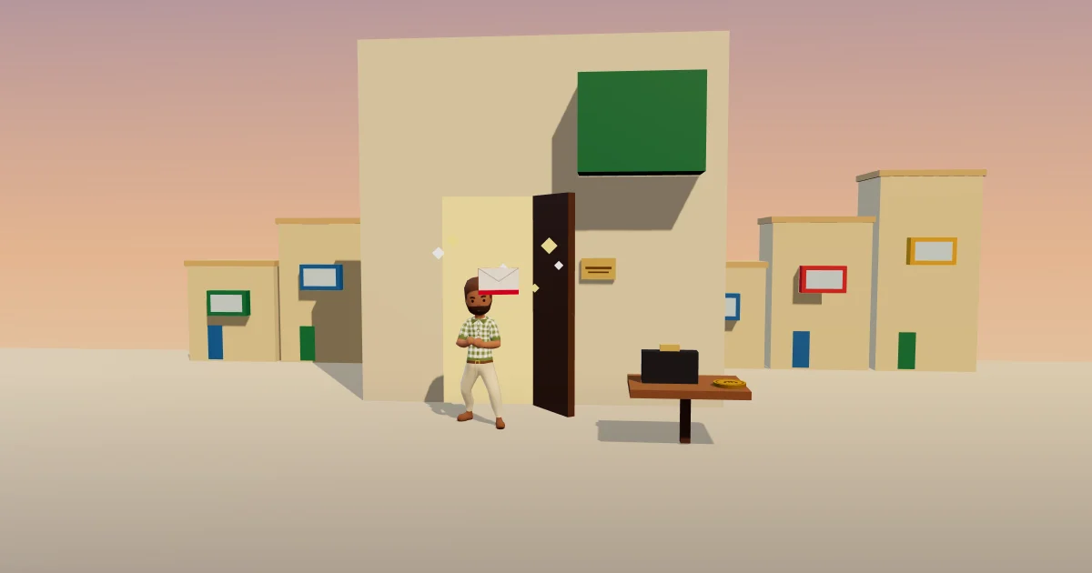 A man in a doorway reading a letter with a red stripe, a brass company plate by the door and a briefcase on a table outside