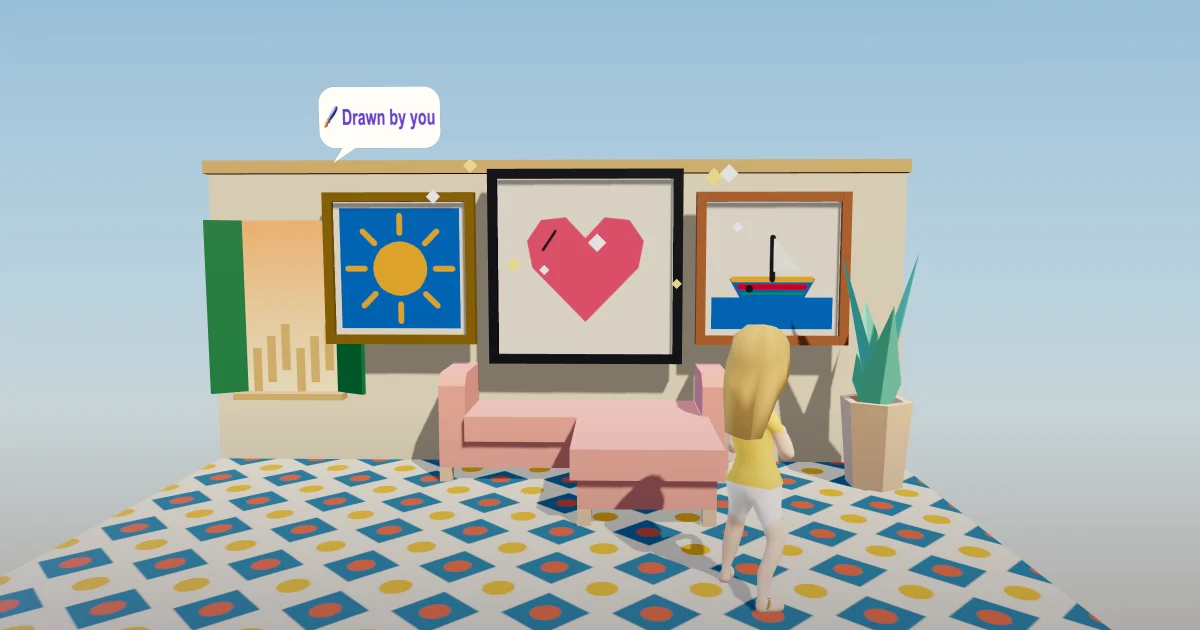 A player at home looking at three of their own drawings framed on the living room wall: a sun in a gold frame, a heart in black and a luzzu in wood