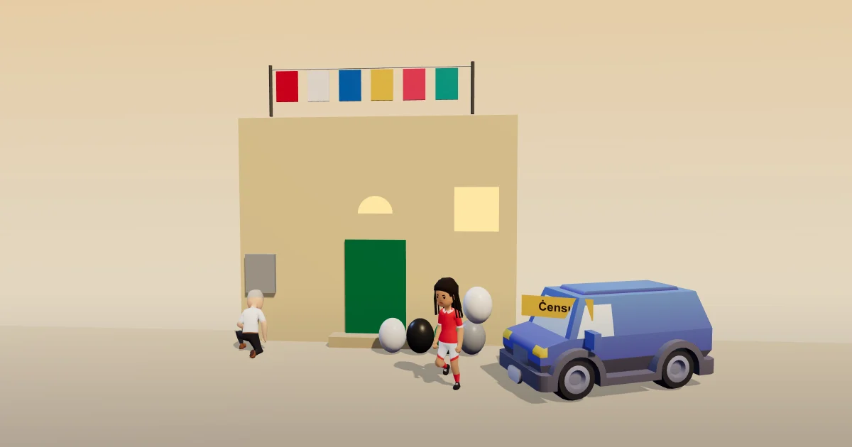 A limestone house with a green door, coloured rubbish bags on the step, washing on the roof, and the handyman's van at the kerb