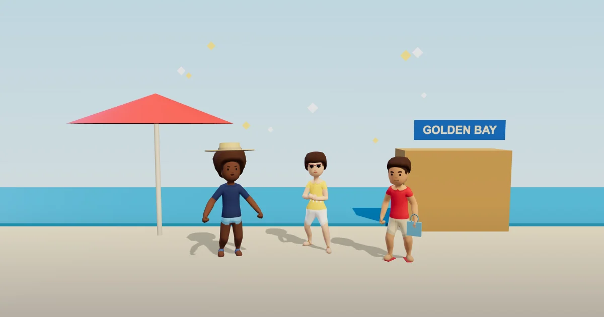 Three friends at Golden Bay, drawn in the game's own style: one in a straw sun hat, one in cat-eye shades, one with flip-flops and a beach bag