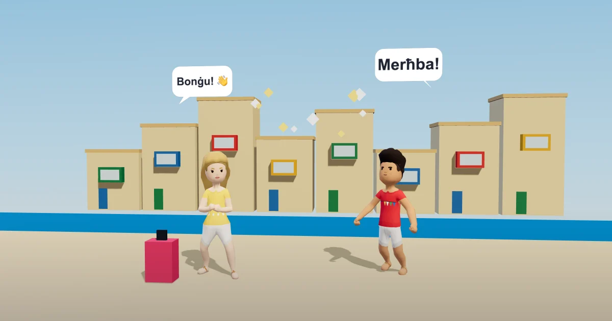 A new arrival with a pink suitcase on Valletta's waterfront says Bonġu! on her phone, and a player in a festa vest waves back: Merħba!