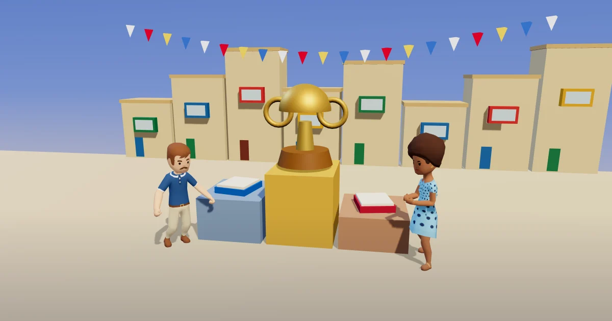 Two players beside a golden trophy and record books on a podium in a Maltese square
