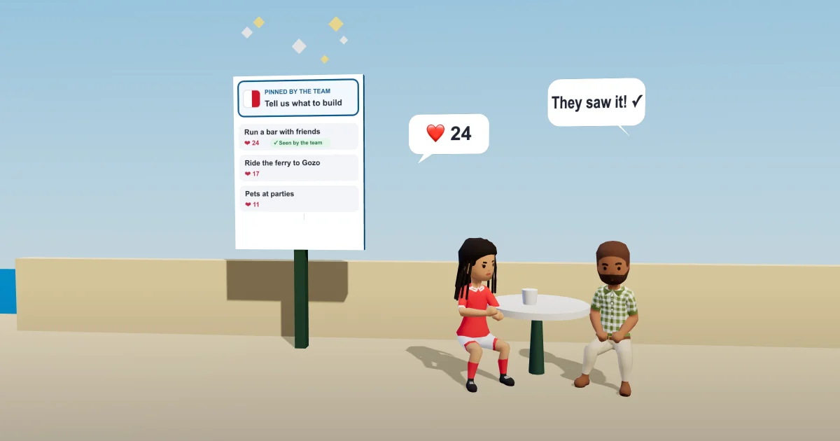 A seafront café with a tall Gossip board: the team's pinned post on top, players' ideas with heart counts under it, one stamped Seen by the team, two friends reading on their phones
