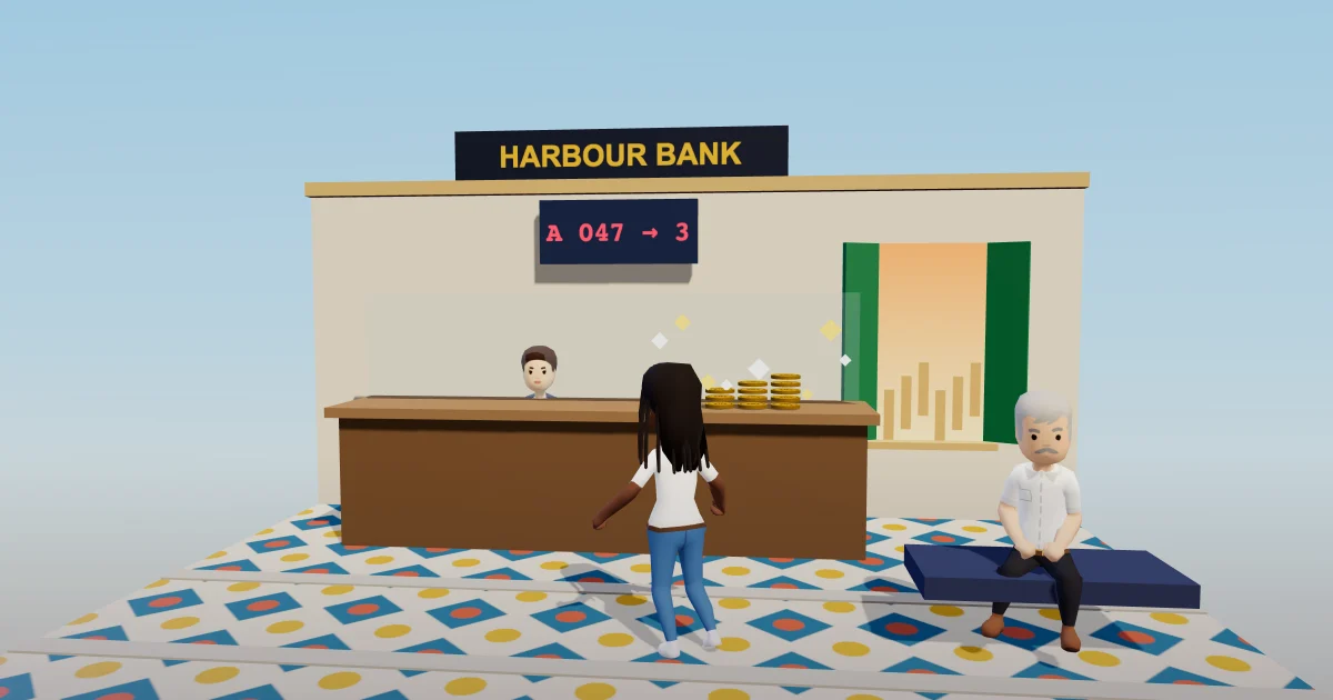 Inside Harbour Bank: a teller behind a wooden counter under a red 'now serving' screen, gold coins stacked by the till, and a customer stepping up with her ticket