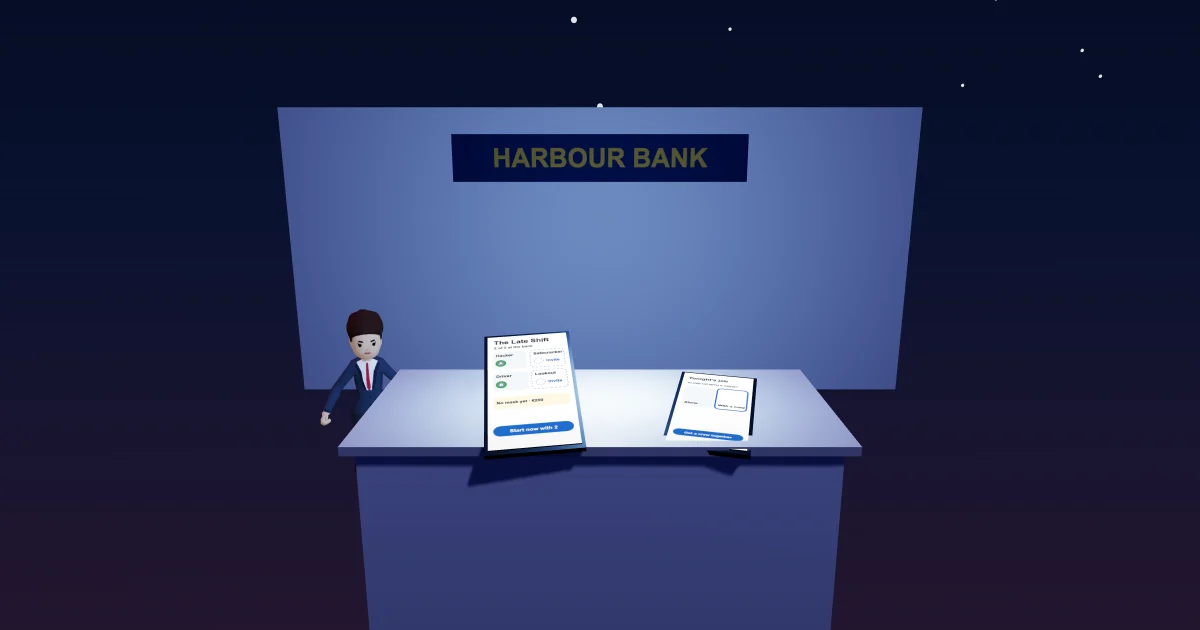 A phone held over a marble bank counter at night showing a white lobby of four seats, two filled and two waiting to invite, and a second phone asking alone or with a crew