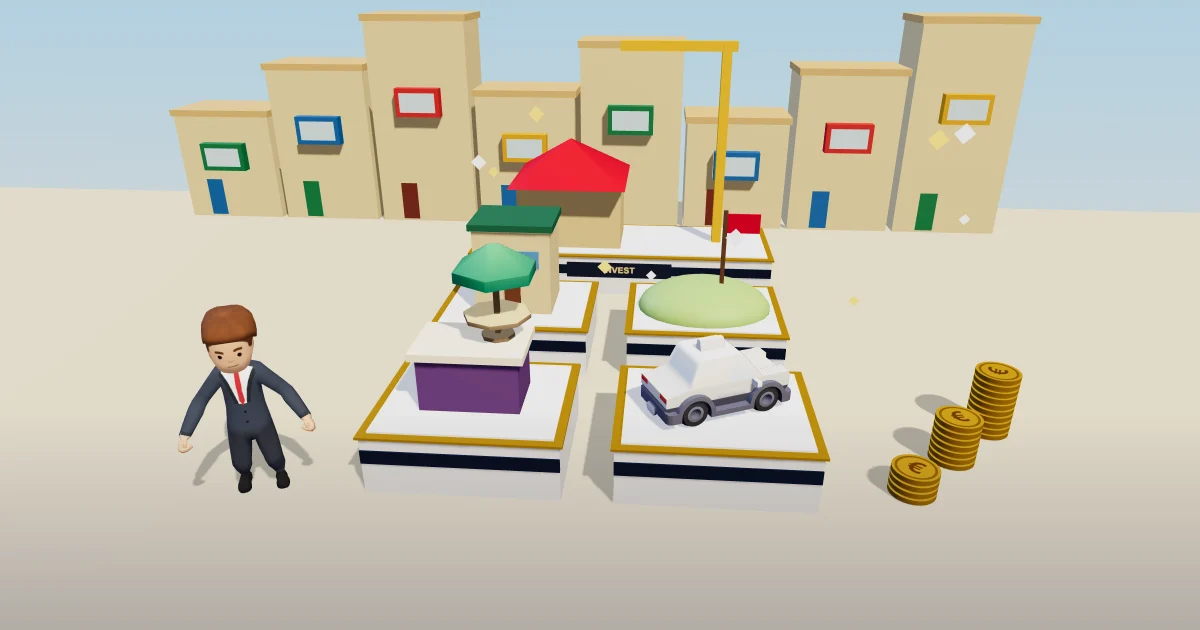 Four white plinths on a sunny quay, each holding a market stall, a townhouse, a field with a red flag or a white cab, a building site with a crane behind and stacks of gold euro coins
