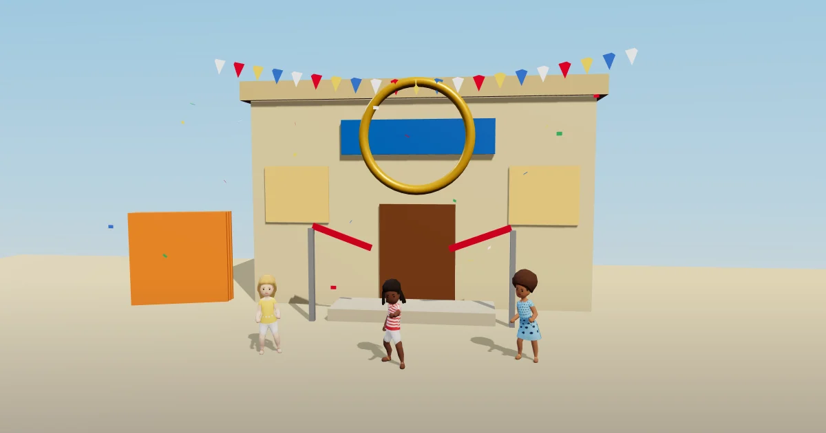 A limestone building on its first evening, a red ribbon cut in two across its steps, a gold ring above the door, bunting and three players