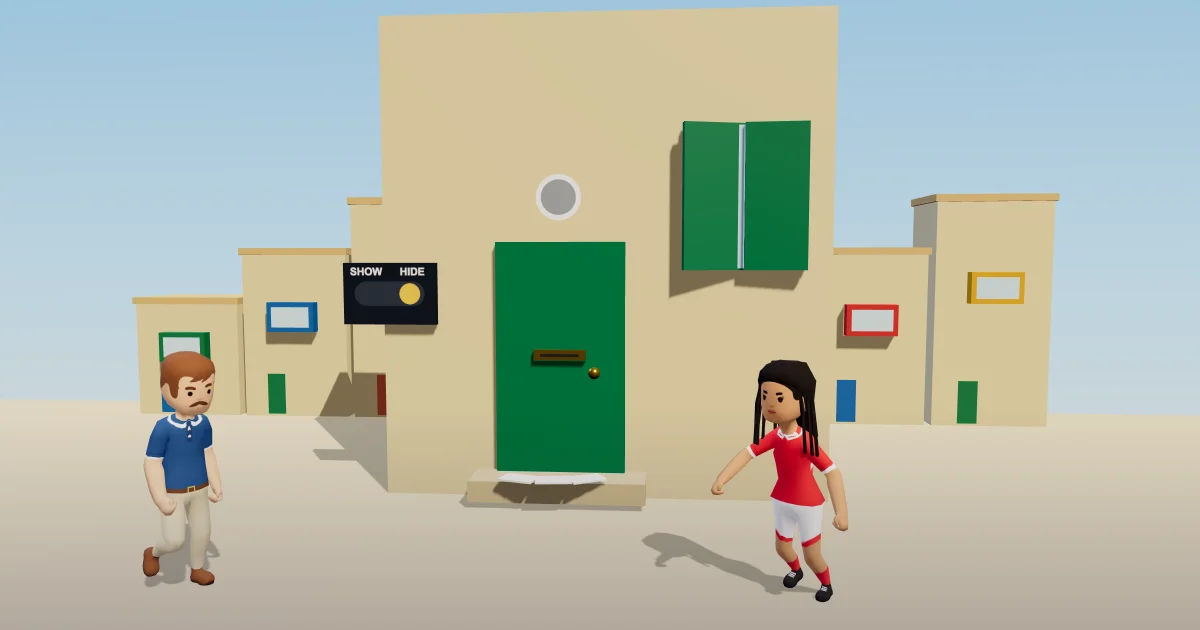 A limestone townhouse with its green shutters half closed, letters waiting on the step, a grey dot over the door and a Show or Hide switch set to Hide