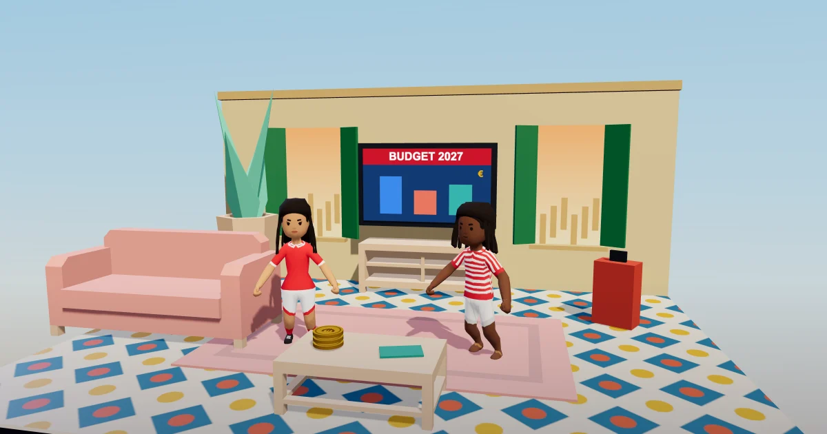 Two friends in a living room cheering at a TV that shows Budget 2027 with three coloured bars, coins on the coffee table