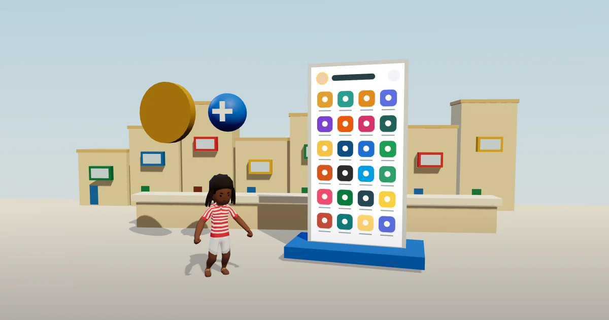 A white phone with coloured app tiles on a sunny balcony, a gold coin and a blue plus beside it