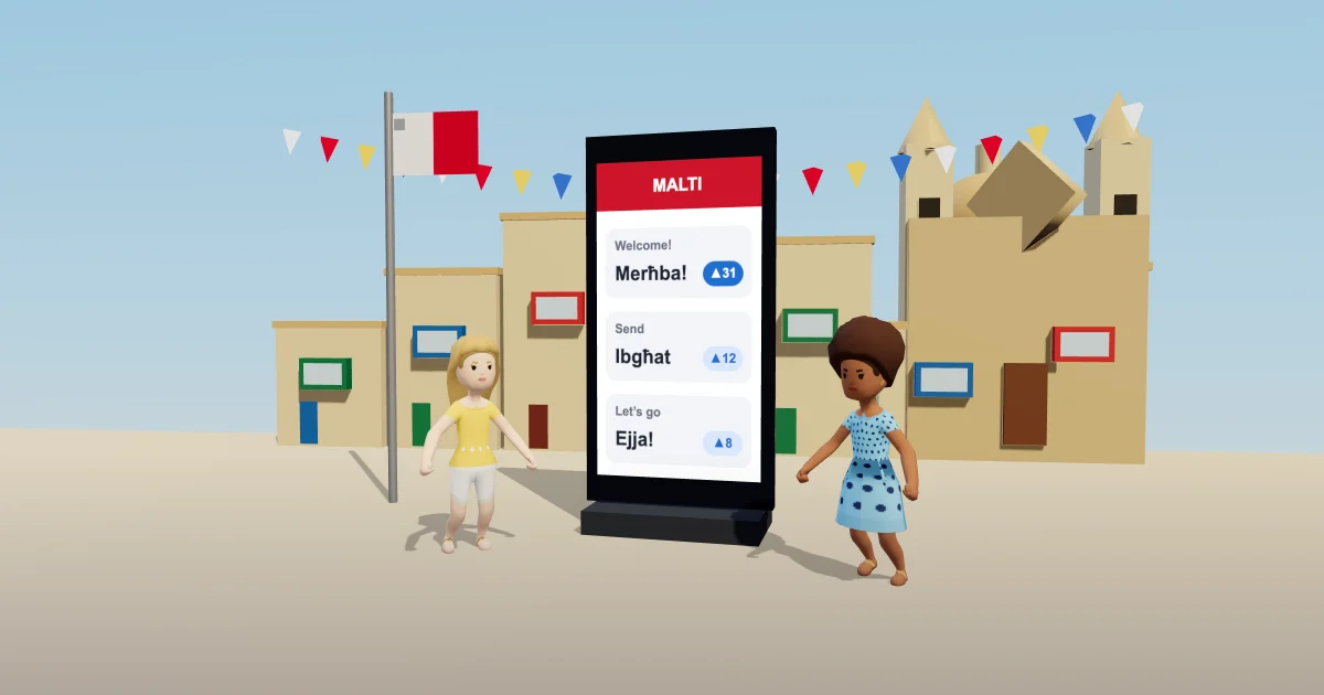 Two players in a village square beside a giant phone showing English lines and their Maltese ideas, with votes on each