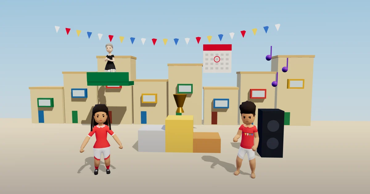 A village square on a holiday with a podium and gold trophy, a speaker with music notes, a neighbour on a green balcony and a calendar with a day circled