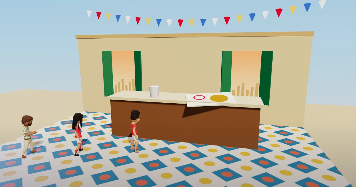 A new place's counter on its first days, a drink and a stamp card with a gold seal on it, bunting overhead and three players queueing