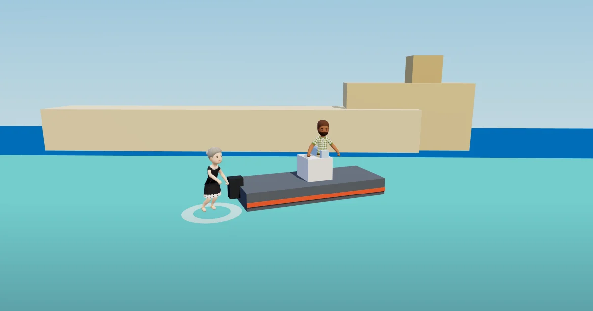 A grey RIB at anchor in the Blue Lagoon's turquoise water, Comino's pale cliffs behind, one friend at the console and one wading off the side