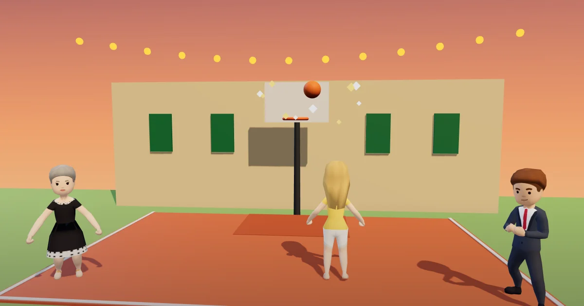 A basketball court under string lights in a palazzo's garden at dusk, a ball in the air on its way to a swaying hoop, friends cheering from the side