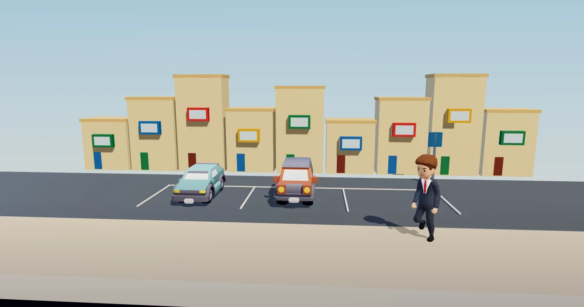 Two parked cars, an empty bay and a player walking along a Maltese street