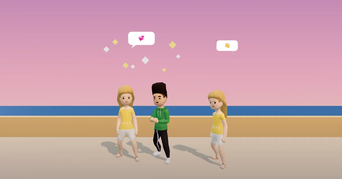 Three friends on a seafront at dusk: two side by side under a pink heart, the third giving a small wave