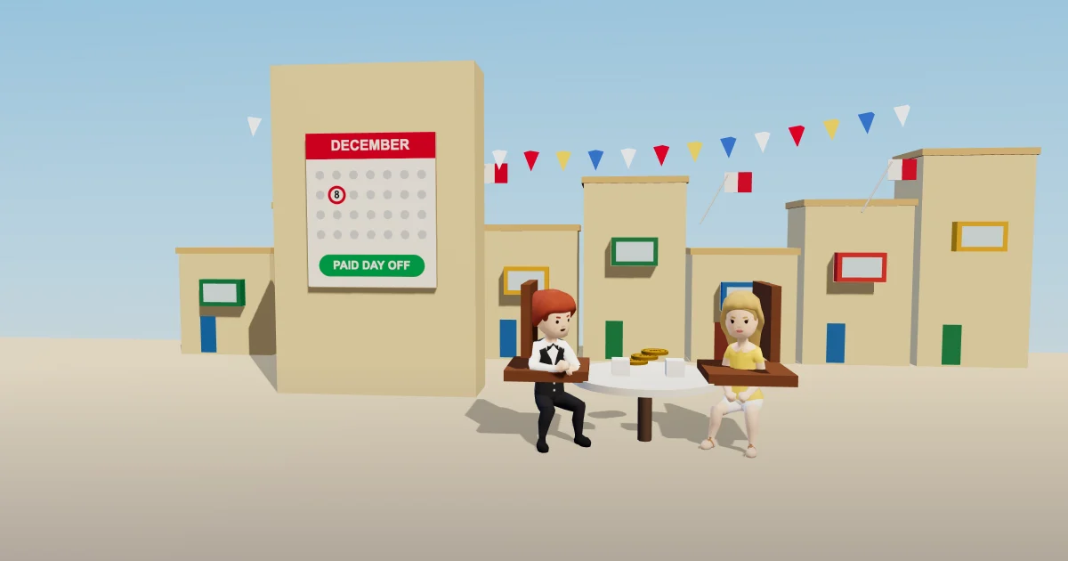 A village square on a holiday morning drawn in the game's style: flags and bunting on the limestone houses, a waiter and a friend off duty at a café table with coins by their cups, and a calendar on the wall with the 8th ringed and Paid day off under it