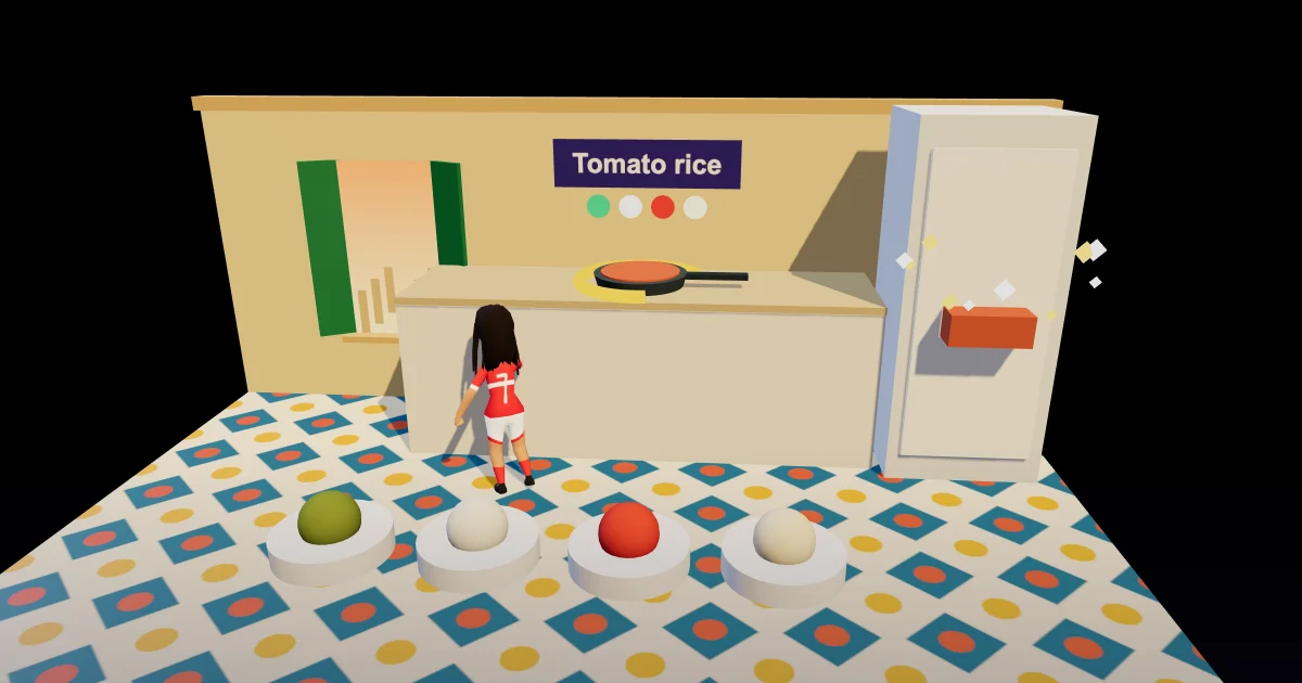 A player at a home hob with a pan inside a golden heat ring, four round ingredient buttons in front and a leftover in the open fridge