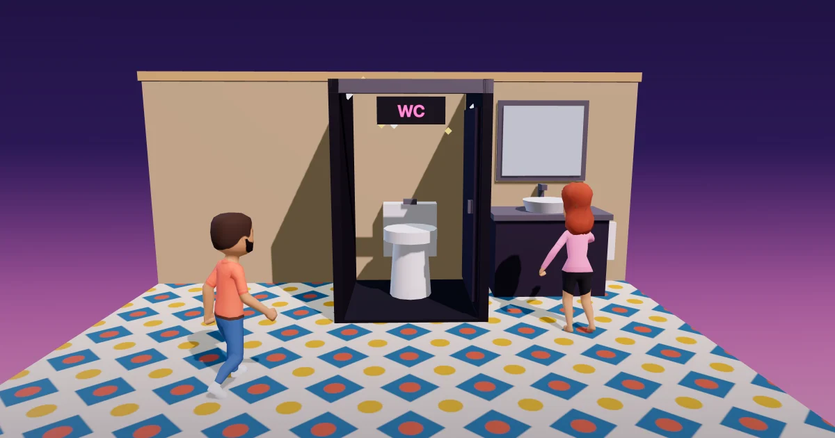 A club restroom in Malta Living: a dark WC cubicle with its door open and a pink neon WC sign, a basin under a mirror, and a player walking over