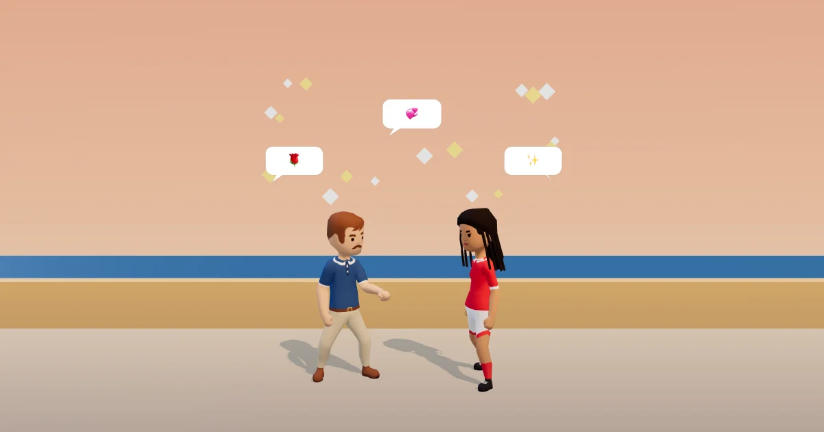 Two friends on a seaside promenade at golden hour, a rose held out between them and little sparkles over their heads