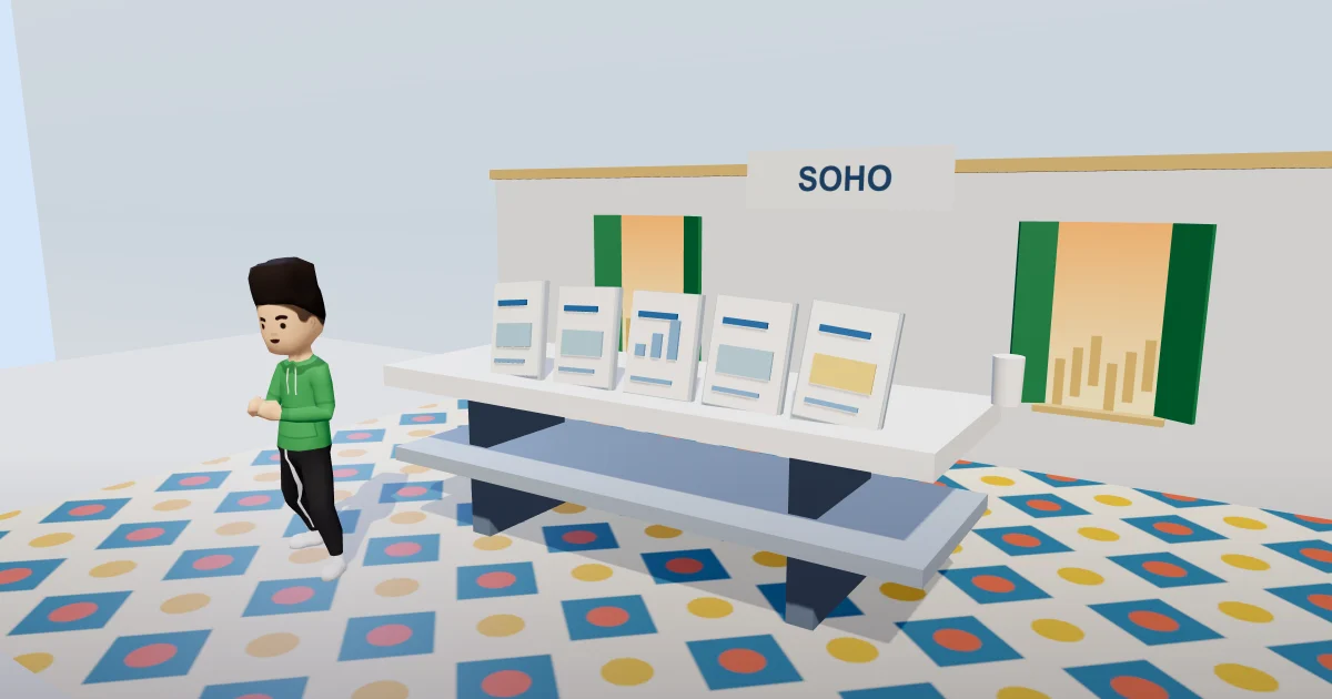 A founder at a meeting table with five slide cards arranged across the tabletop