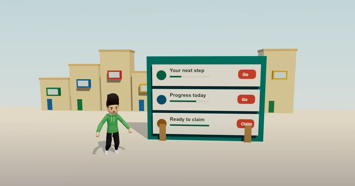 A player beside three cream mission cards on a teal board