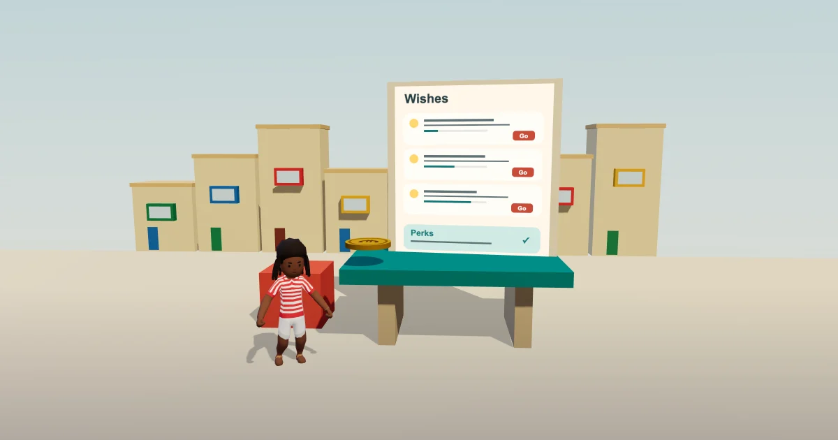 A player studies three wish cards and a teal perks card in a sunny courtyard