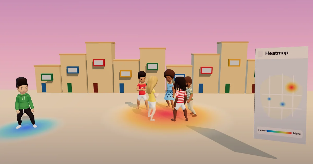 A street at dusk: a crowd of players chatting in a warm orange glow on the paving, one person alone in a cool blue glow further along, and a phone held up showing the heatmap