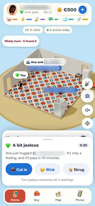 A phone at a party: a green "A bit jealous" sheet over the bottom bar, with the line about who hugged whom, a 0:20 countdown and three chips, Cut in, Wink and Shrug