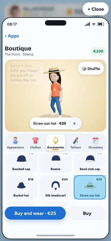 Boutique on a phone: the character in a straw sun hat at the top of the screen, the Accessories tab under it, and Buy and wear · €25 with Buy beside it