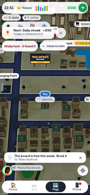 The map on a phone: a roadside billboard saying Your ad here, and a card at the bottom saying this board is free this week, with Book it
