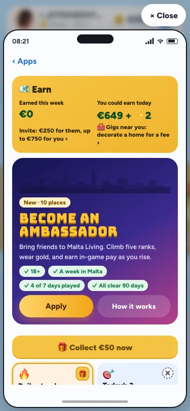 Earn on a phone: the Become an ambassador banner at the top, its four checks and the Apply button