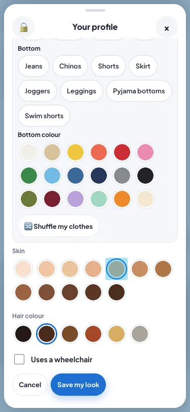 A character in Shaved hair and Olive skin on the profile's Change your look screen