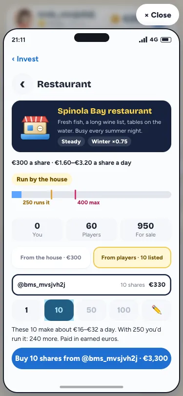 Buying from players on the phone: listings cheapest first, one picked, the share chips and a blue Buy button that names the seller