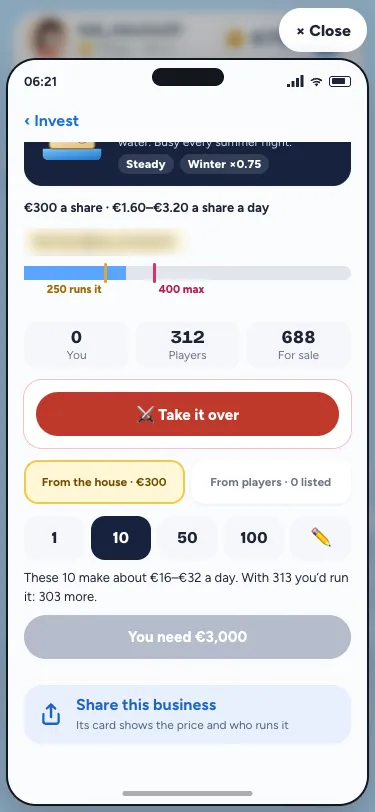 A Big shares business page on a phone, with the Share button in its header and a Share this business row under the buy button