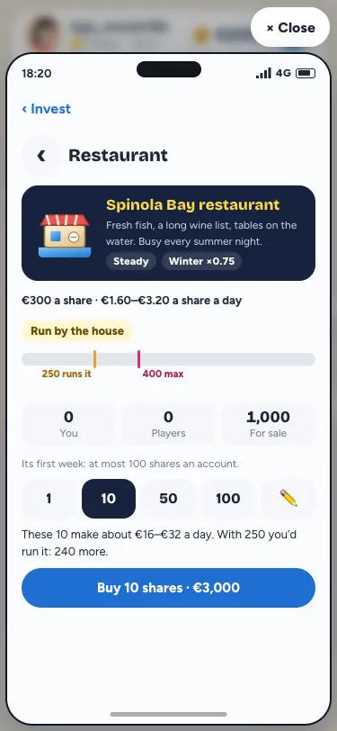 A business's page on the phone: the ladder with its gold mark at 250 and red mark at 400, who holds what, the chips 1, 10, 50 and 100, and one blue Buy button