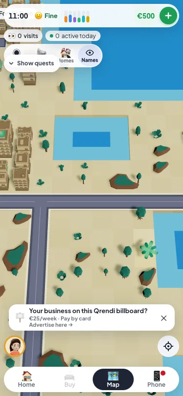 The map on a phone, looking at Marsaskala: new roads along the east coast, houses and trees, and the sea