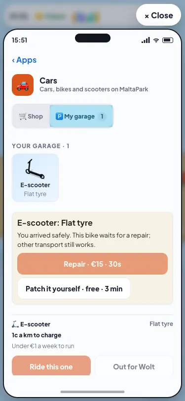 A flat tyre in Cars with a paid repair and a free three-minute patch