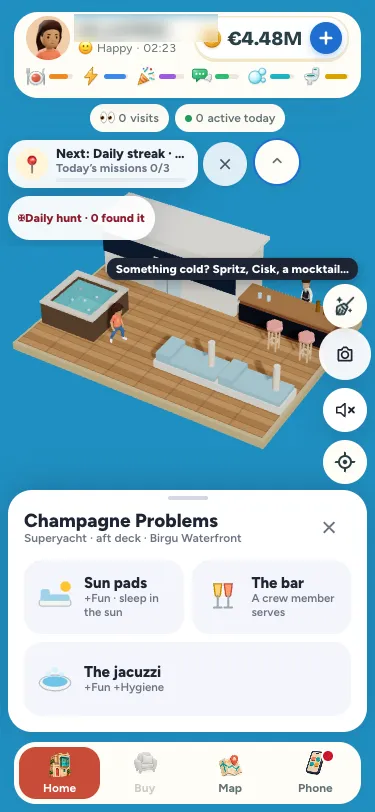 Aboard a superyacht on a phone: the aft deck with the jacuzzi, two sun pads and the bar, and the panel with Sun pads, The bar and The jacuzzi