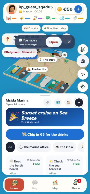 A boat party on a phone: the party's card for a guest, how many are aboard, and Chip in €5 for the drinks