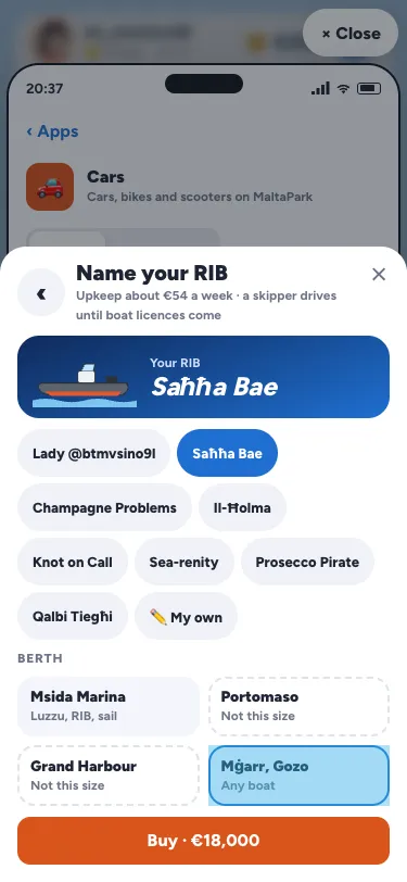 Naming a RIB on a phone: the name chips, your own name, the four marinas and the Buy button