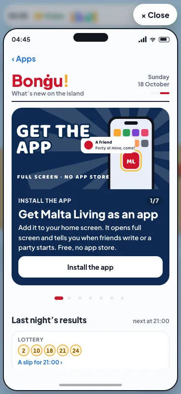 Bonġu! on the in-game phone: the red Bonġu! masthead with the date, a turning slide about getting Malta Living as an app, and last night's lottery numbers underneath
