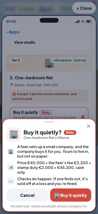 Buy it quietly on the phone: the price, the fixer's fee, the stamp duty and the total, cash only