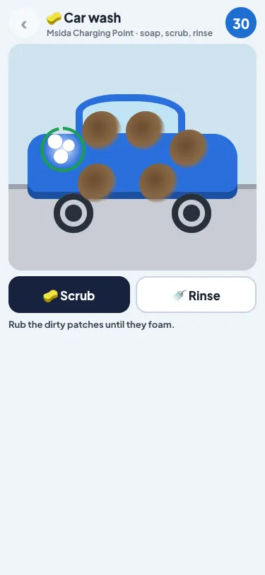The car wash on a phone: a blue car with one patch foaming and its drying ring, the Scrub and Rinse buttons below