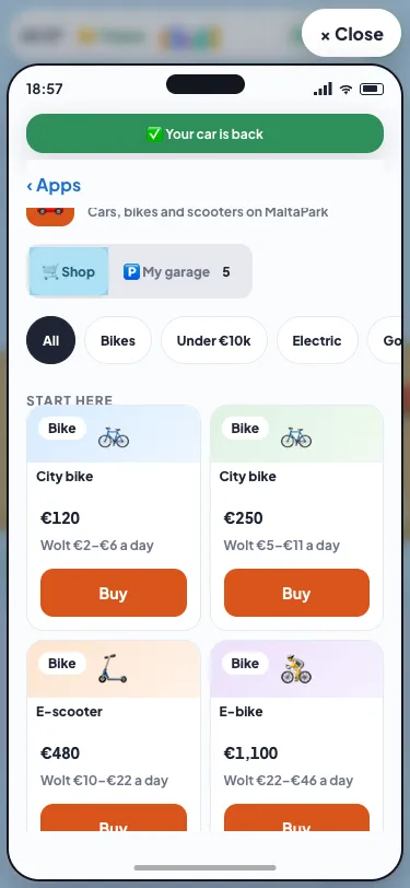 The Shop tab in Cars: a used city bike for €120, a new one for €250, an e-scooter for €480 and an e-bike for €1,100, each with what it could earn on Wolt a day