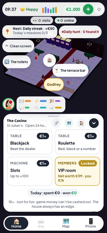 The Casino's panel in Malta Living, with tiles for blackjack, roulette, slots and the locked VIP room, today's spent and won count, and the 18+ just-for-fun line